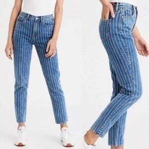 American Eagle Outfitters Blue and White Striped Straight Leg Mom Jeans (X-Long)